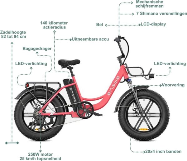 ENGWE L20 Elektrische Fatbike - E-bike - 20 Inch - 250W Motor - 7 Versnellingen - 140 km Actieradius - Mechanische Schijfremmen - Roze - Afbeelding 4