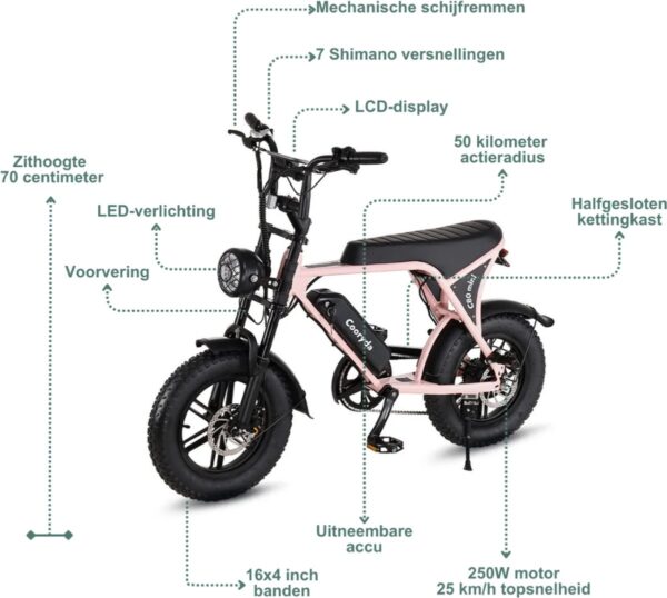 OUXI C80 Mini Elektrische Fatbike - Ingebouwd Alarmsysteem - 16 Inch - 250W Motor - 7 Versnellingen - 50 km Actieradius - Mechanische Schijfremmen - Roze - Afbeelding 4